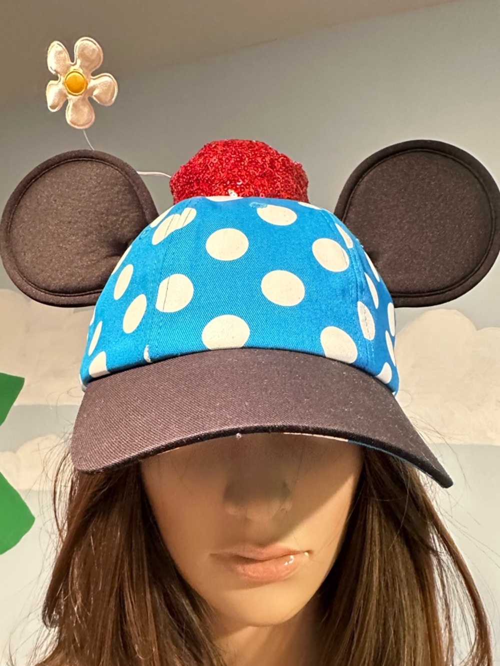Polka Dot Mouse Ear Baseball Cap - Blue & Black with Red
